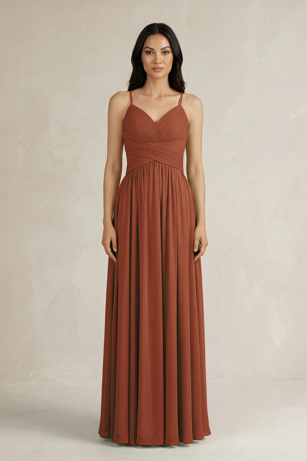 A-Line Pleated Spaghetti Strap Chiffon Bridesmaid Dress in Terracotta