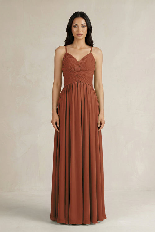 Terracotta A-Line Pleated Spaghetti Strap Chiffon Bridesmaid Dress | KISSBRIDAL