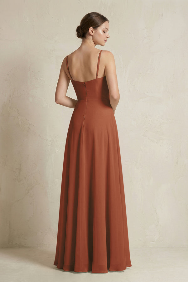Terracotta A-Line Ruffled Spaghetti Strap Chiffon Bridesmaid Dress (2) | KISSBRIDAL