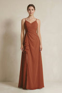 Terracotta A-Line Ruffled Spaghetti Strap Chiffon Bridesmaid Dress | KISSBRIDAL