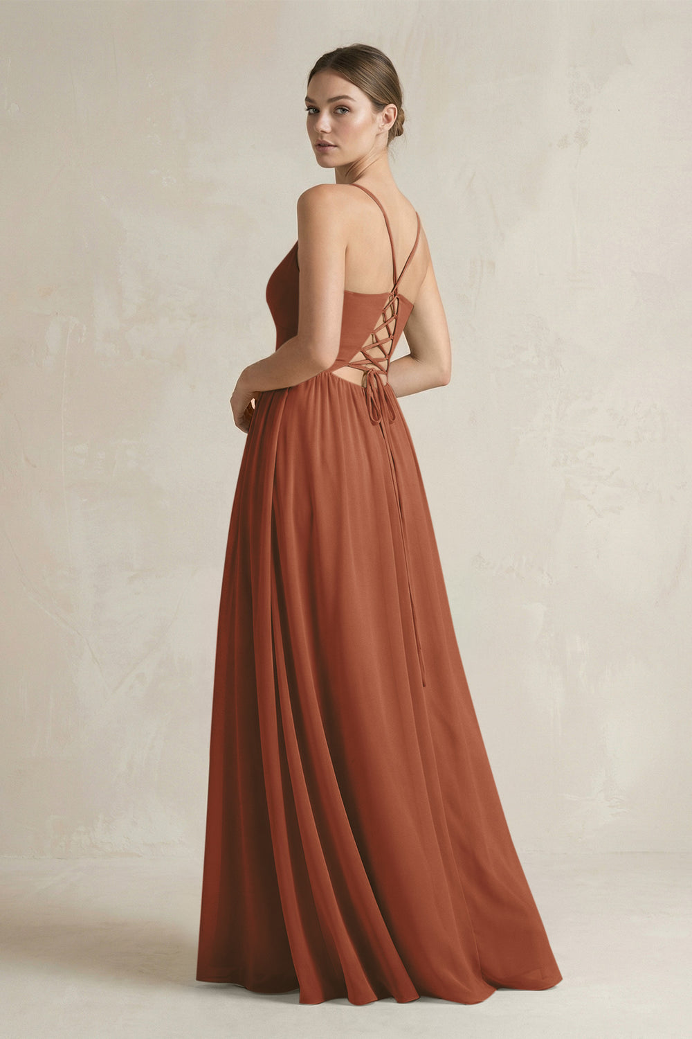 A-Line Spaghetti Strap Chiffon Bridesmaid Dress in Terracotta