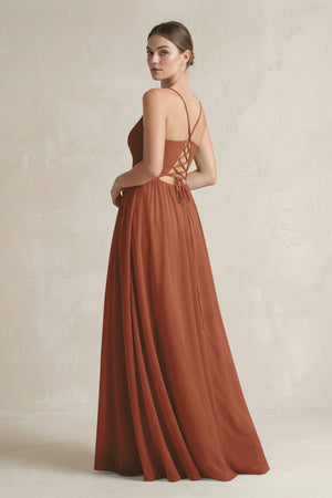 Terracotta A-Line Spaghetti Strap Chiffon Bridesmaid Dress (2) | KISSBRIDAL