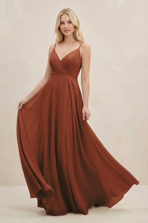 Terracotta A-Line Spaghetti Strap Chiffon Bridesmaid Dress | KISSBRIDAL
