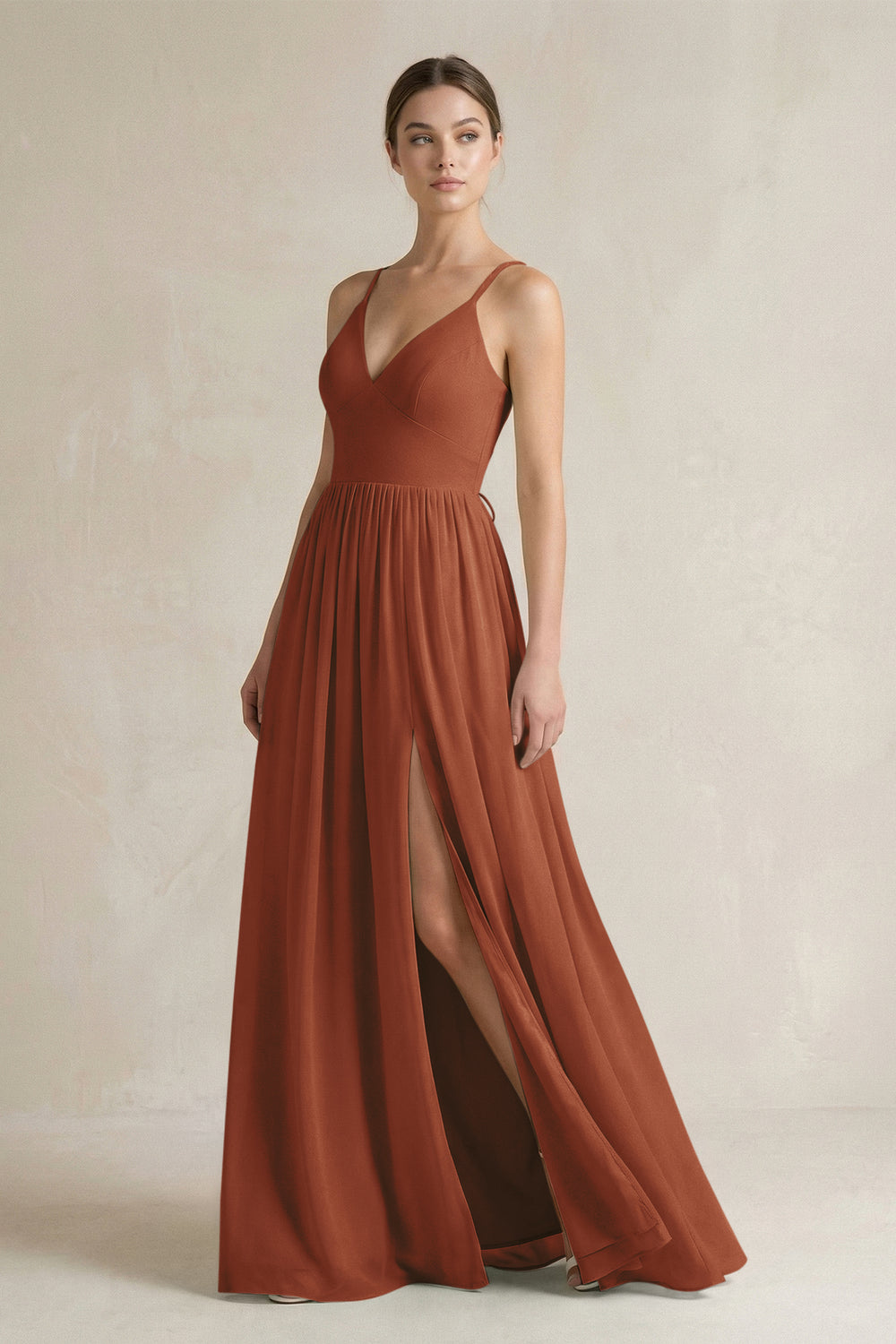 A-Line Spaghetti Strap Chiffon Bridesmaid Dress in Terracotta