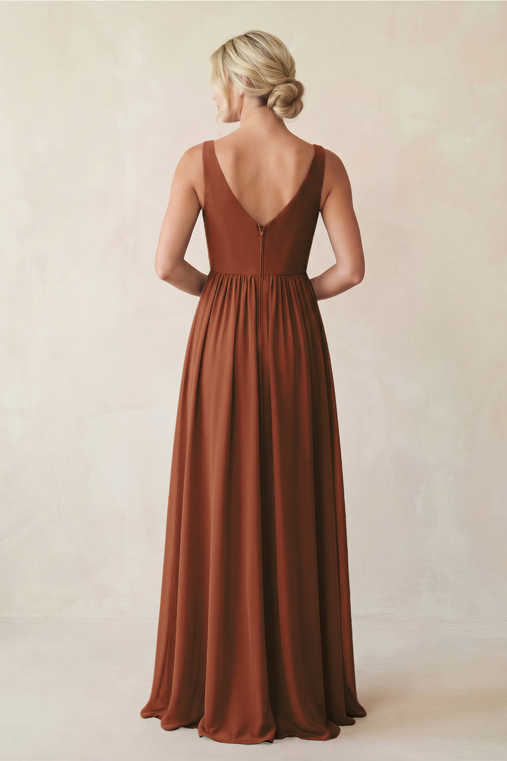 A-Line V-Neck Pleated Chiffon Bridesmaid Dress in Terracotta