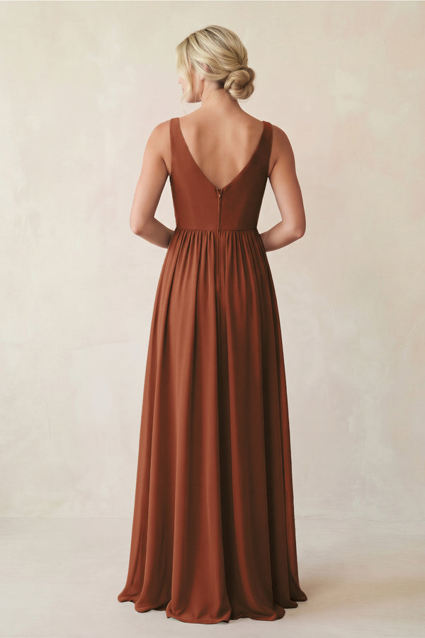 Terracotta A-Line V-Neck Pleated Chiffon Bridesmaid Dress (2) | KISSBRIDAL