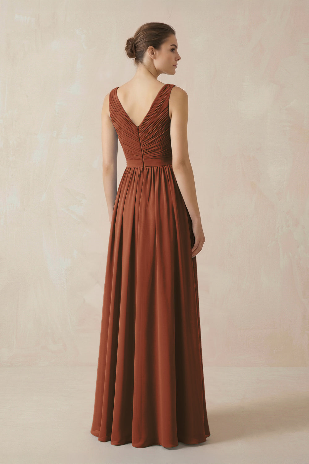 A-Line V-Neck Pleated Chiffon Bridesmaid Dress in Terracotta