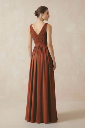 Terracotta A-Line V-Neck Pleated Chiffon Bridesmaid Dress (2) | KISSBRIDAL