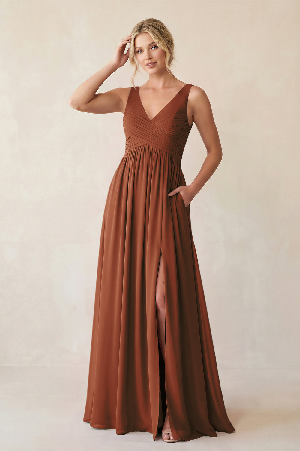 A-Line V-Neck Pleated Chiffon Bridesmaid Dress in Terracotta
