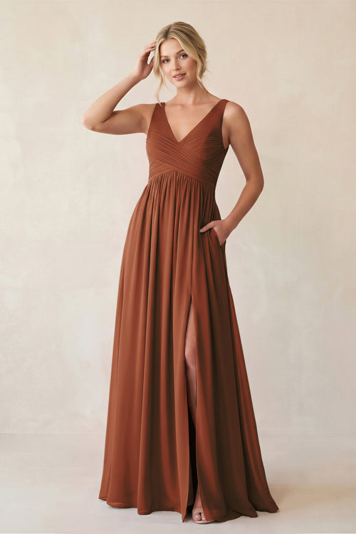Terracotta A-Line V-Neck Pleated Chiffon Bridesmaid Dress | KISSBRIDAL
