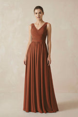 Terracotta A-Line V-Neck Pleated Chiffon Bridesmaid Dress | KISSBRIDAL