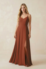 Terracotta Cami Strap A-Line Chiffon Bridesmaid Dress with Slit | KISSBRIDAL
