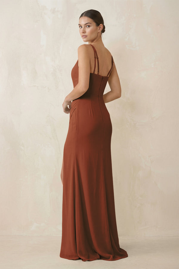 Terracotta Cami Strap Chiffon Sheath Bridesmaid Gown (2) | KISSBRIDAL