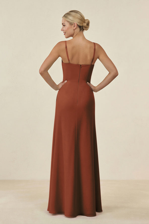Terracotta Cami Strap Chiffon Sheath Bridesmaid Gown (2) | KISSBRIDAL