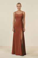 Terracotta Cami Strap Chiffon Sheath Bridesmaid Gown | KISSBRIDAL