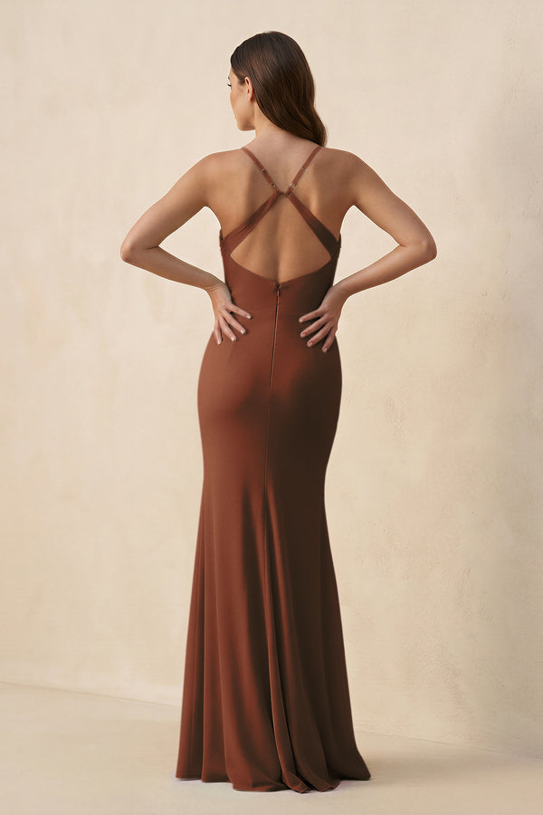 Terracotta Cami Strap Sheath Chiffon Bridesmaid Dress with Slit (2) | KISSBRIDAL