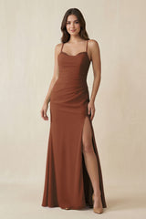 Terracotta Cami Strap Sheath Chiffon Bridesmaid Dress with Slit | KISSBRIDAL