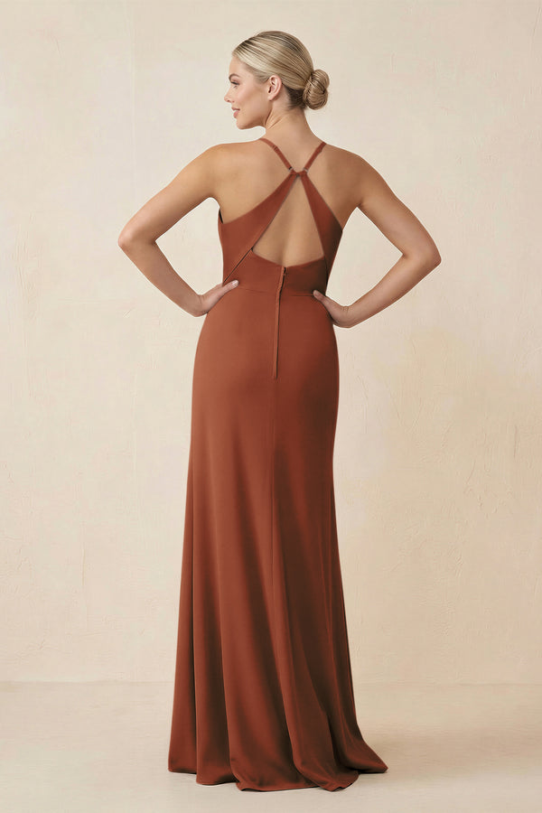 Terracotta Cami Strap Sheath Ruched Bridesmaid Dress With Slit (2) | KISSBRIDAL