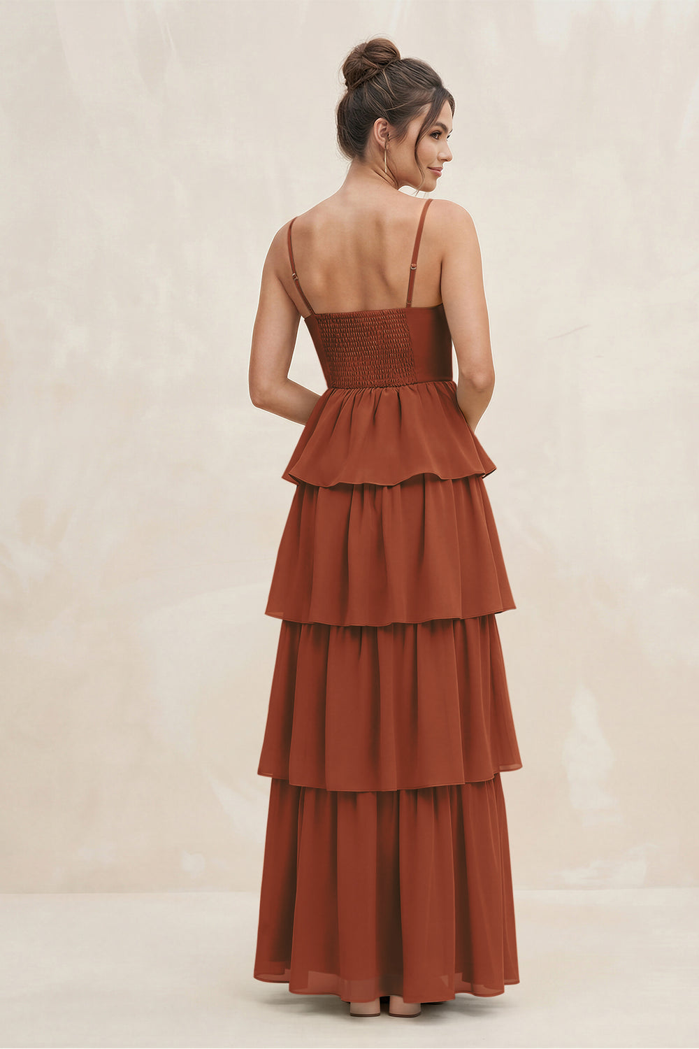 Cami Strap Tiered A-Line Chiffon Bridesmaid Dress in Terracotta