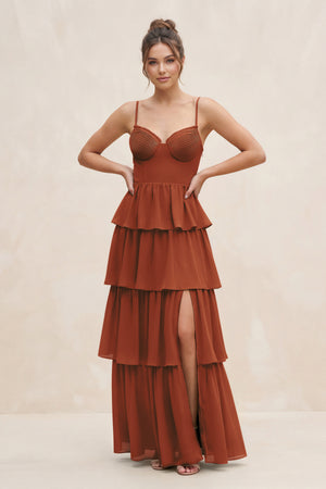Terracotta Cami Strap Tiered A-Line Chiffon Bridesmaid Dress | KISSBRIDAL