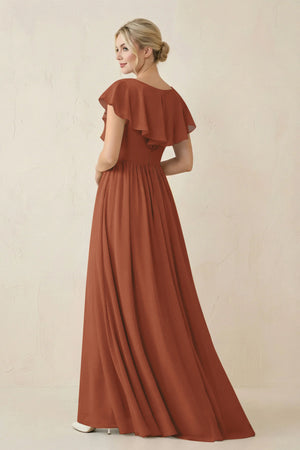 Terracotta Cap Sleeve A-Line Ruffled Chiffon Bridesmaid Dress (2) | KISSBRIDAL