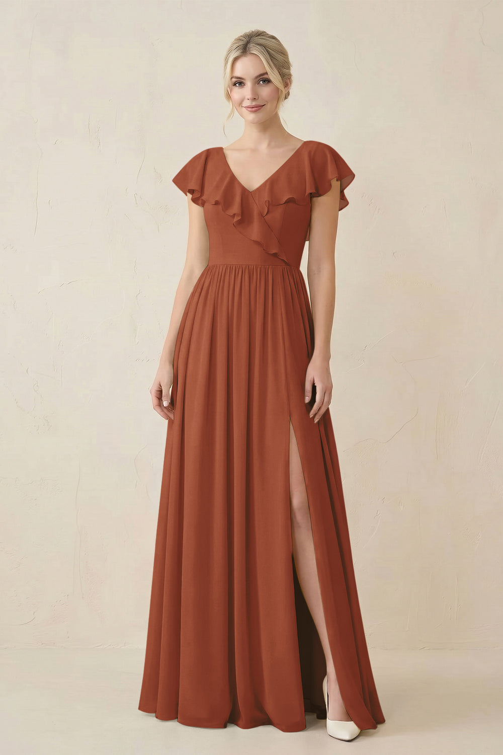 Cap Sleeve A-Line Ruffled Chiffon Bridesmaid Dress in Terracotta