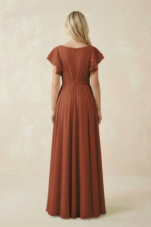 Terracotta Cap Sleeve Ruffled A-Line Chiffon Bridesmaid Dress (2) | KISSBRIDAL