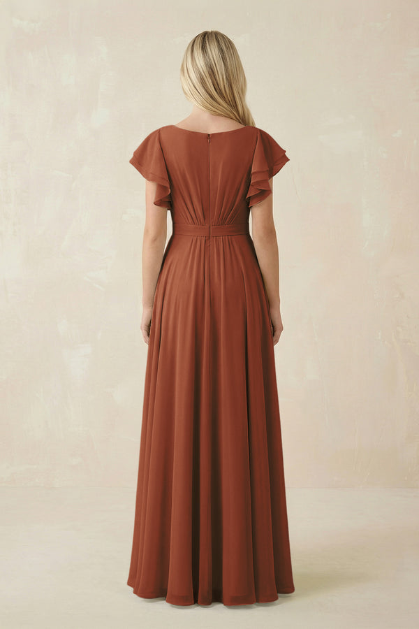 Terracotta Cap Sleeve Ruffled A-Line Chiffon Bridesmaid Dress (2) | KISSBRIDAL