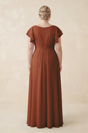 Terracotta Cap Sleeve Ruffled A-Line Chiffon Bridesmaid Dress (2) | KISSBRIDAL