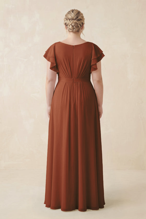 Terracotta Cap Sleeve Ruffled A-Line Chiffon Bridesmaid Dress (2) | KISSBRIDAL
