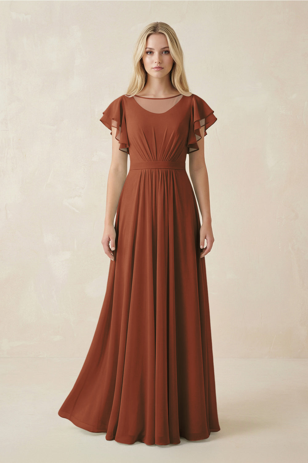 Cap Sleeve Ruffled A-Line Chiffon Bridesmaid Dress in Terracotta