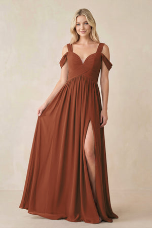 Terracotta Chiffon A-Line Bridesmaid Dress with Slit | KISSBRIDAL