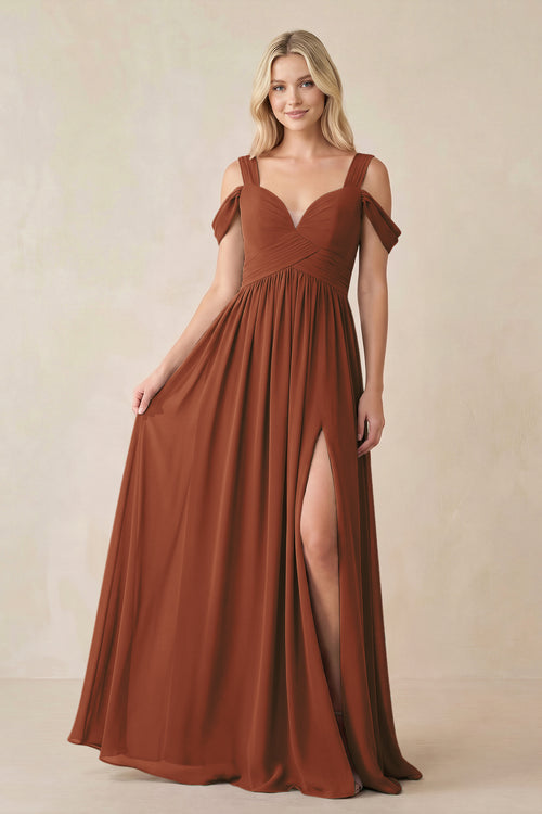 Terracotta Chiffon A-Line Bridesmaid Dress with Slit | KISSBRIDAL