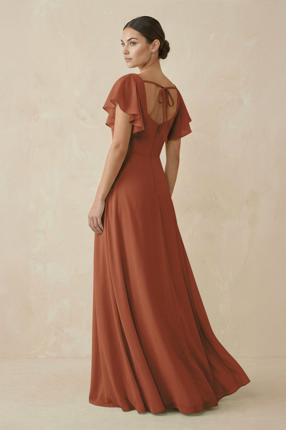 Chiffon A-Line Long Bridesmaid Dress with Flutter Sleeves in Terracotta