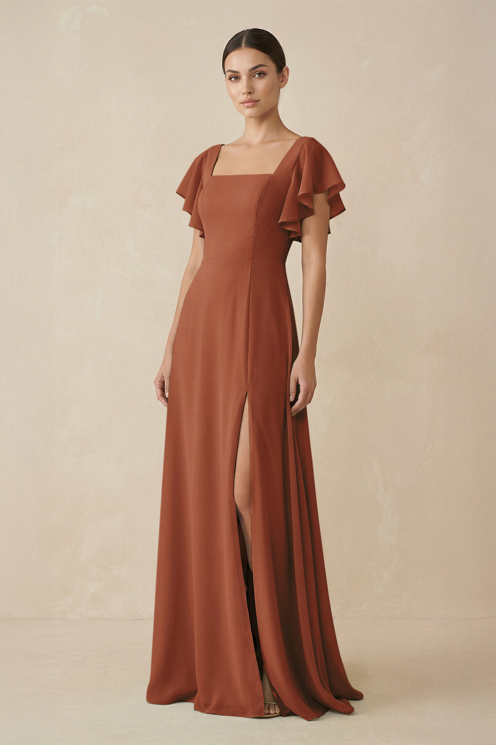 Chiffon A-Line Long Bridesmaid Dress with Flutter Sleeves in Terracotta