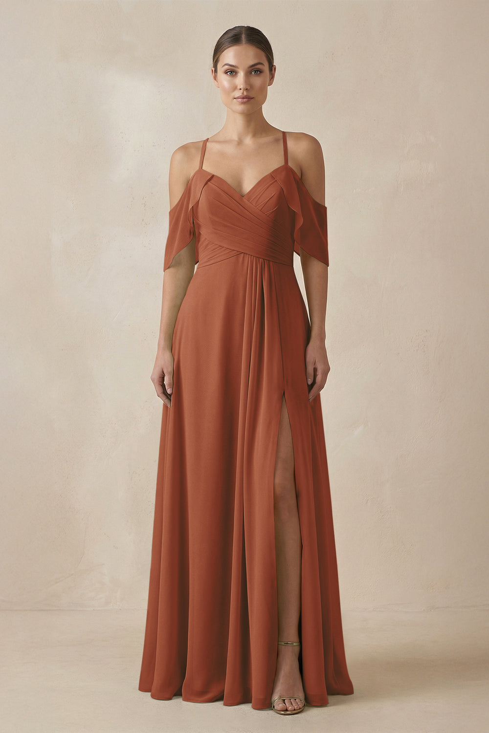 Chiffon A-Line Long Bridesmaid Dress in Terracotta