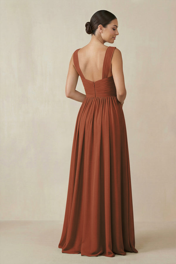 Terracotta Chiffon A-Line Pleated Bridesmaid Dress (2) | KISSBRIDAL
