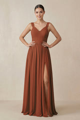 Terracotta Chiffon A-Line Pleated Bridesmaid Dress | KISSBRIDAL