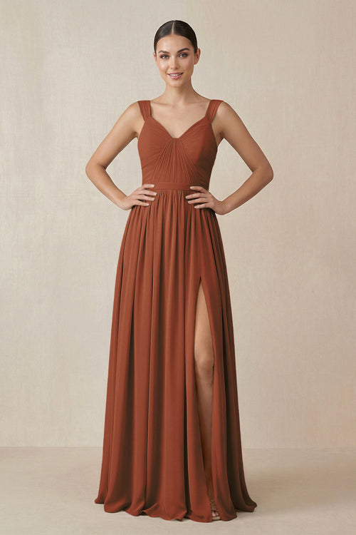 Terracotta Chiffon A-Line Pleated Bridesmaid Dress | KISSBRIDAL