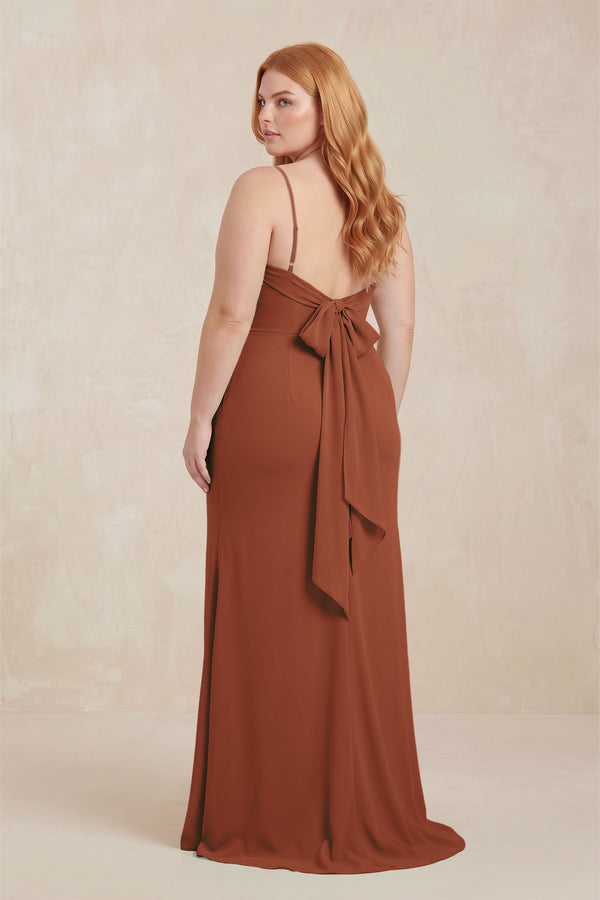 Terracotta Cowl Neck Sheath Chiffon Bridesmaid Dress with Corset (2) | KISSBRIDAL
