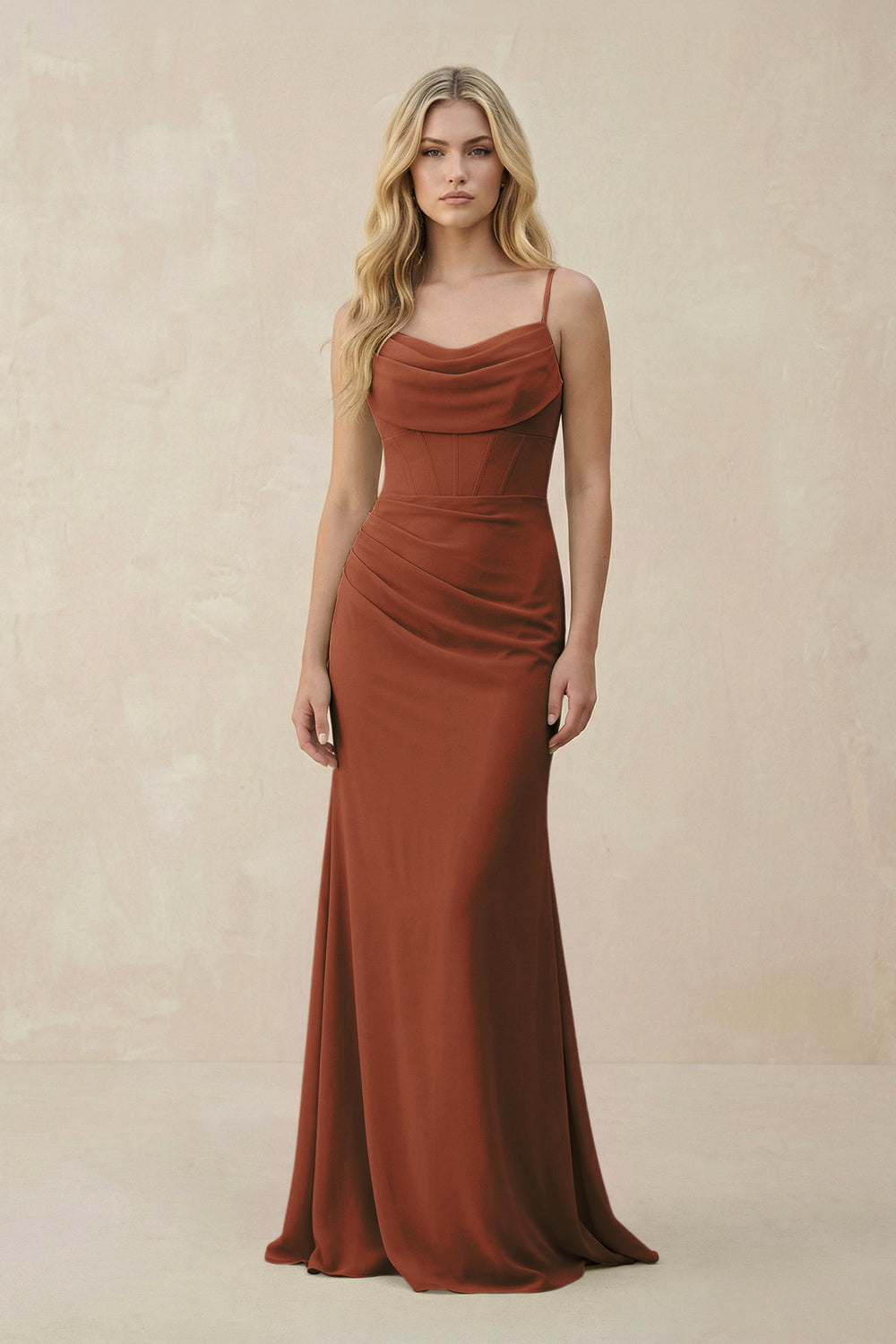 Cowl Neck Sheath Chiffon Bridesmaid Dress with Corset in Terracotta