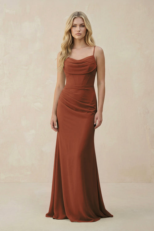 Terracotta Cowl Neck Sheath Chiffon Bridesmaid Dress with Corset | KISSBRIDAL