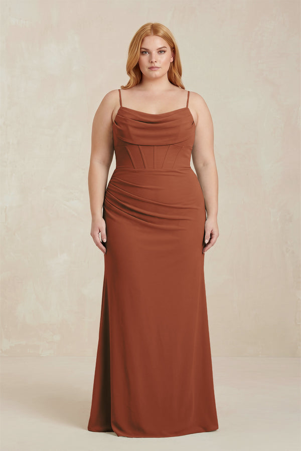 Terracotta Cowl Neck Sheath Chiffon Bridesmaid Dress with Corset | KISSBRIDAL