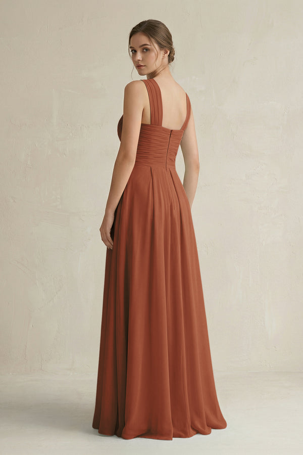 Terracotta Cross Halter Chiffon A-Line Pleated Bridesmaid Dress (2) | KISSBRIDAL