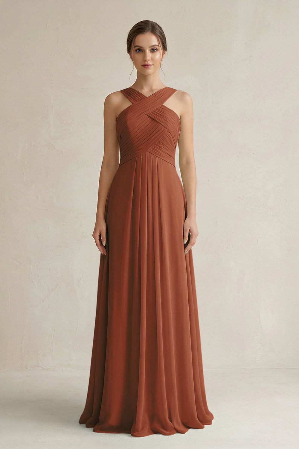 Cross Halter Chiffon A-Line Pleated Bridesmaid Dress in Terracotta