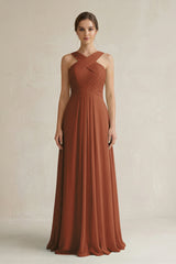 Terracotta Cross Halter Chiffon A-Line Pleated Bridesmaid Dress | KISSBRIDAL