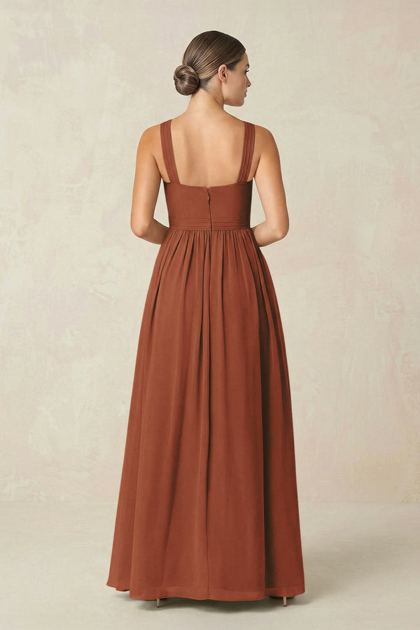 Terracotta Cross Halter Neck Chiffon A-Line Bridesmaid Dress With Slit (2) | KISSBRIDAL