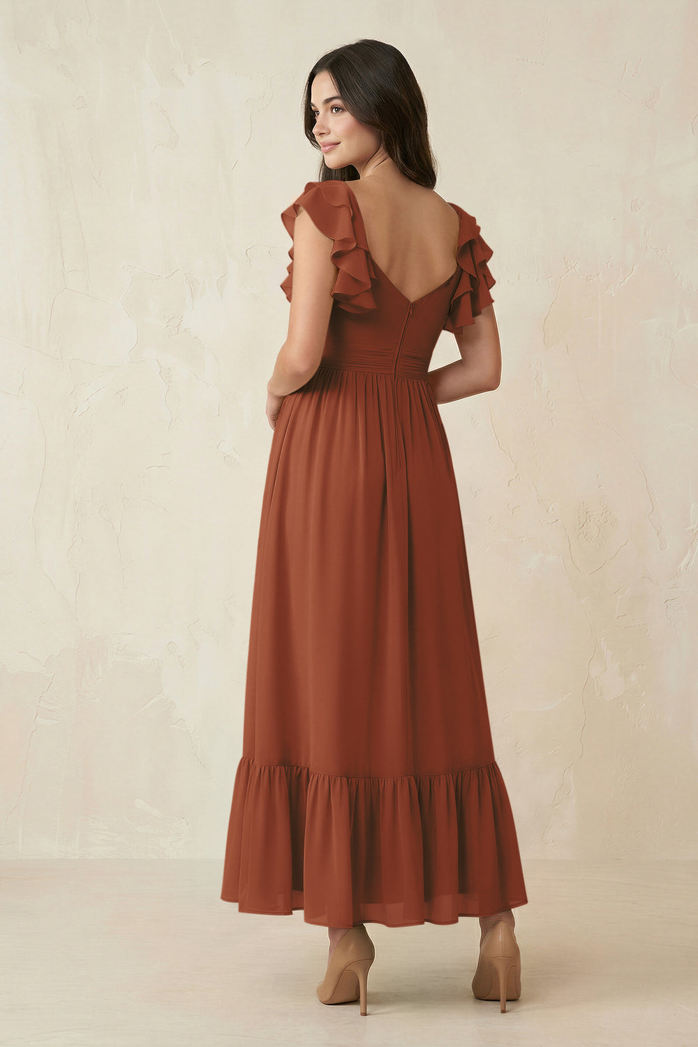 Flutter Sleeve Sweetheart A-Line Chiffon Bridesmaid Dress in Terracotta