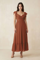 Terracotta Flutter Sleeve Sweetheart A-Line Chiffon Bridesmaid Dress | KISSBRIDAL