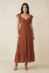 Terracotta Flutter Sleeve Sweetheart A-Line Chiffon Bridesmaid Dress | KISSBRIDAL